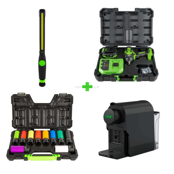 Kit de 10 Chaves de Impacto de 1/2" + Chave de Impacto + Lanterna de Trabalho - 400LM + Cafeteira JBM