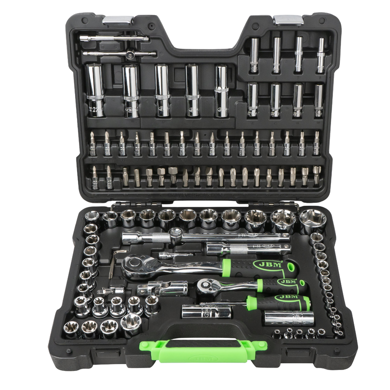 Mala de Ferramentas de 108 Peças com Soquetes Hexagonais de 1/4" e 1/2" – Acabamento Cromado JBM