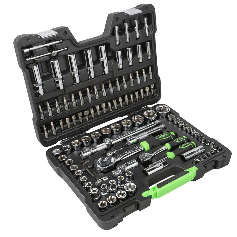 Mala de Ferramentas de 108 Peças com Soquetes Hexagonais de 1/4" e 1/2" – Acabamento Cromado JBM