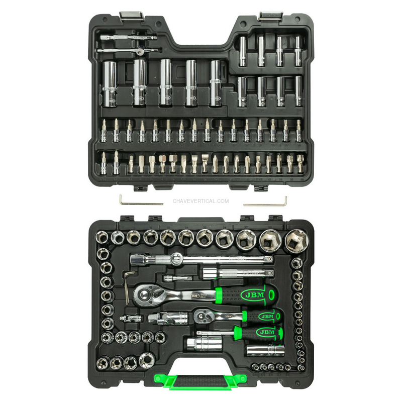 Mala de Ferramentas de 108 Peças com Soquetes Hexagonais de 1/4" e 1/2" – Acabamento Cromado JBM