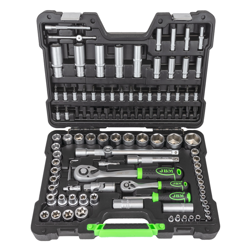 Mala de Ferramentas de 108 Peças com Soquetes Hexagonais de 1/4" e 1/2" – Acabamento Zincado JBM