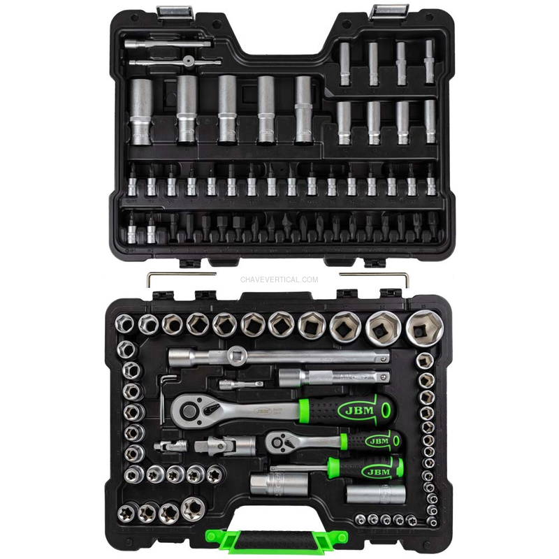 Mala de Ferramentas de 108 Peças com Soquetes Hexagonais de 1/4" e 1/2" – Acabamento Zincado JBM