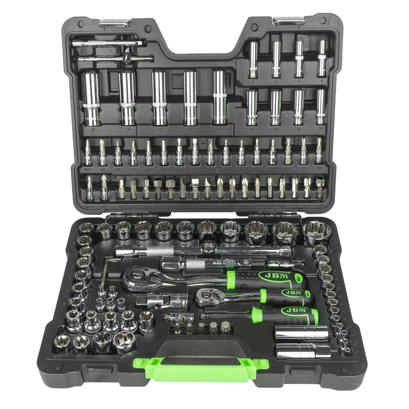 Mala de Ferramentas de 113 Peças com Soquetes de 12 Pontas de 1/4" e 1/2" – Acabamento Cromado JBM