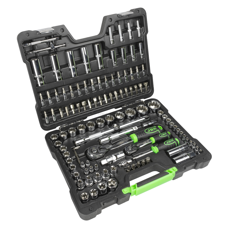 Mala de Ferramentas de 113 Peças com Soquetes de 12 Pontas de 1/4" e 1/2" – Acabamento Cromado JBM