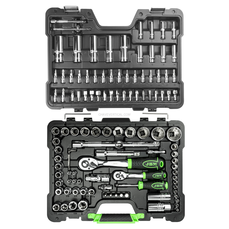 Mala de Ferramentas de 113 Peças com Soquetes de 12 Pontas de 1/4" e 1/2" – Acabamento Cromado JBM