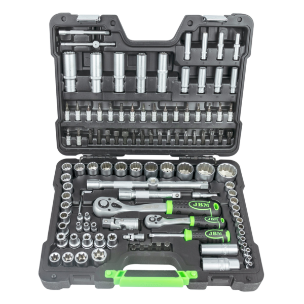Mala de Ferramentas de 113 Peças com Soquetes de 12 Pontas de 1/4" e 1/2" – Acabamento Zincado JBM