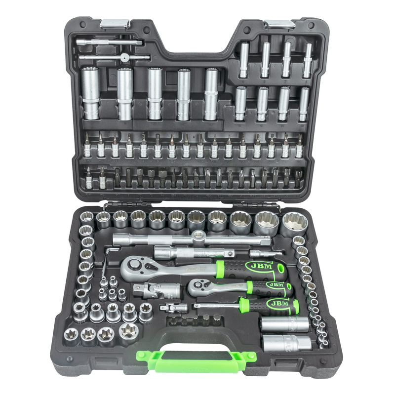Mala de Ferramentas de 113 Peças com Soquetes de 12 Pontas de 1/4" e 1/2" – Acabamento Zincado JBM