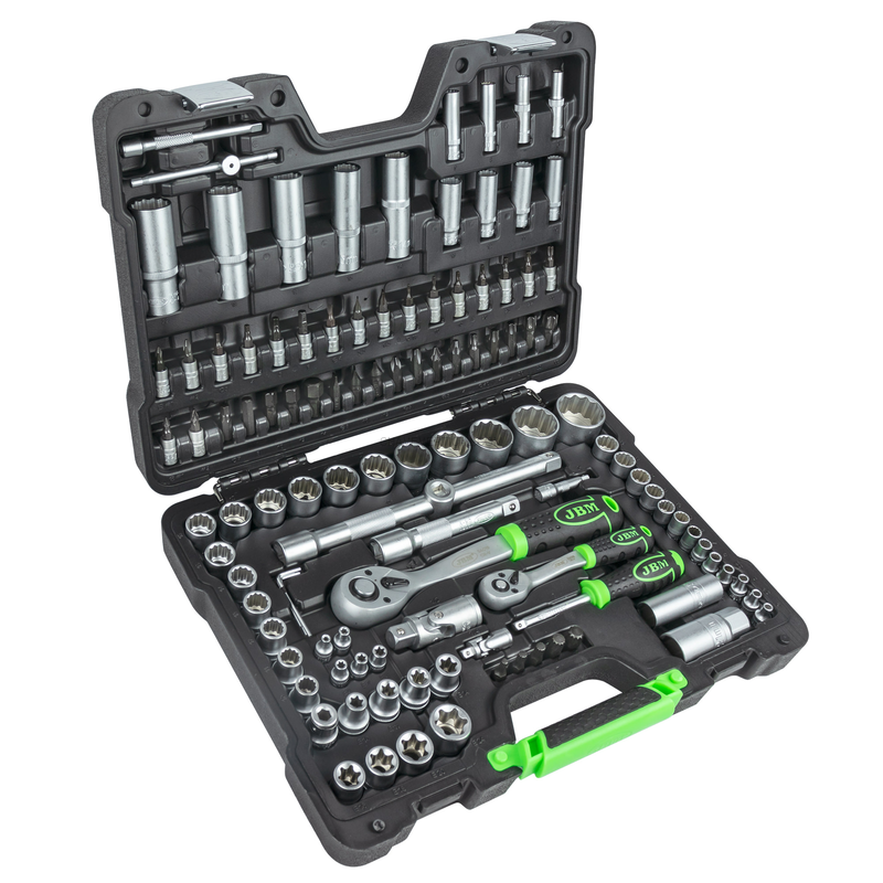 Mala de Ferramentas de 113 Peças com Soquetes de 12 Pontas de 1/4" e 1/2" – Acabamento Zincado JBM