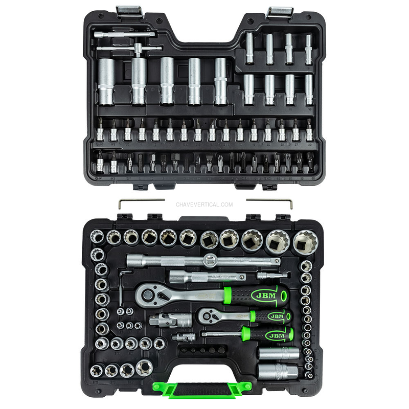 Mala de Ferramentas de 113 Peças com Soquetes de 12 Pontas de 1/4" e 1/2" – Acabamento Zincado JBM
