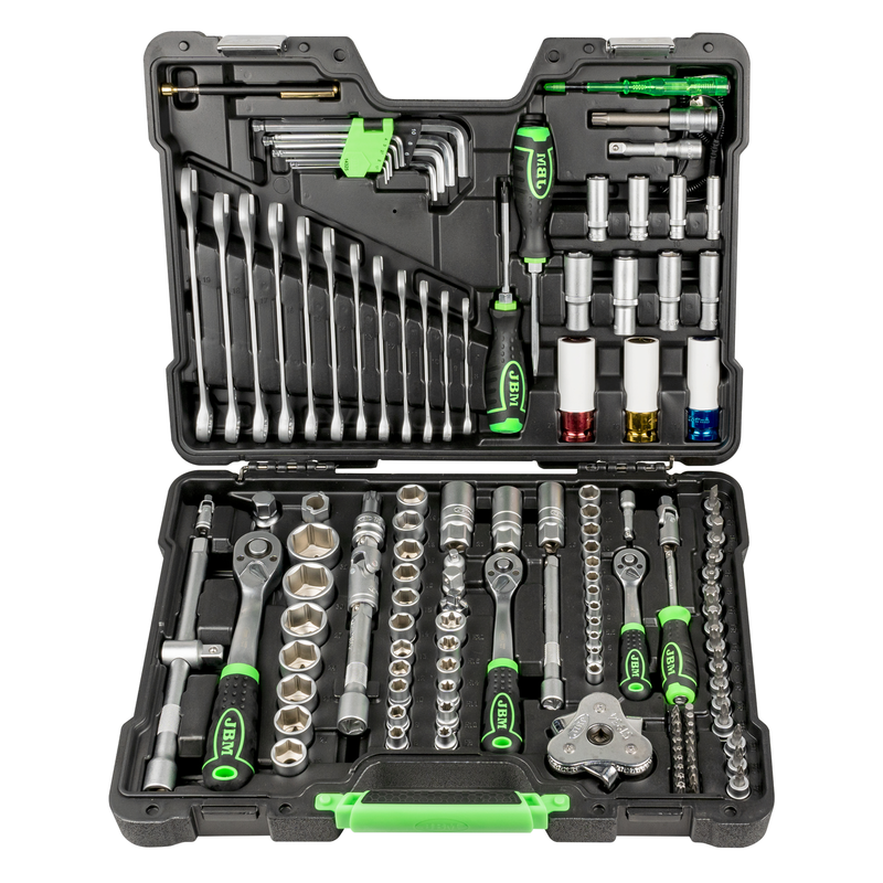 Mala de Ferramentas de 132 Peças com Soquetes Hexagonais de 1/2", 1/4" e 3/8" – Acabamento Zincado JBM