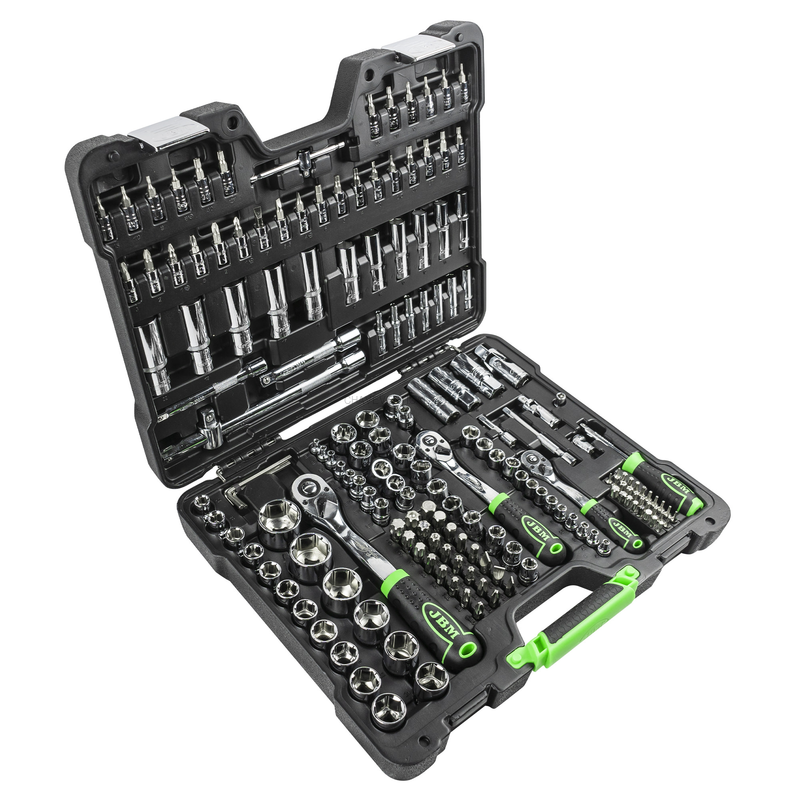Mala de Ferramentas de 179 Peças com Soquetes Hexagonais de 1/4", 3/8" e 1/2" – Acabamento Cromado JBM