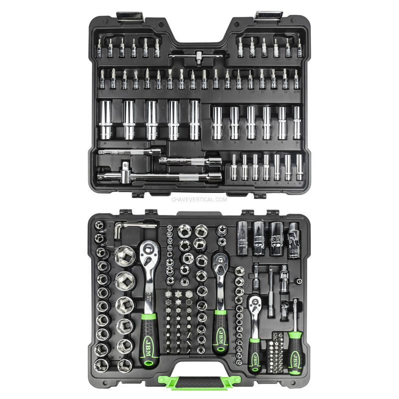 Mala de Ferramentas de 179 Peças com Soquetes Hexagonais de 1/4", 3/8" e 1/2" – Acabamento Cromado JBM