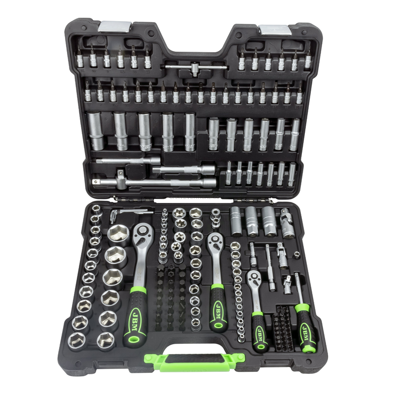 Mala de Ferramentas de 179 Peças com Soquetes Hexagonais de 1/4", 3/8" e 1/2" – Acabamento Zincado JBM