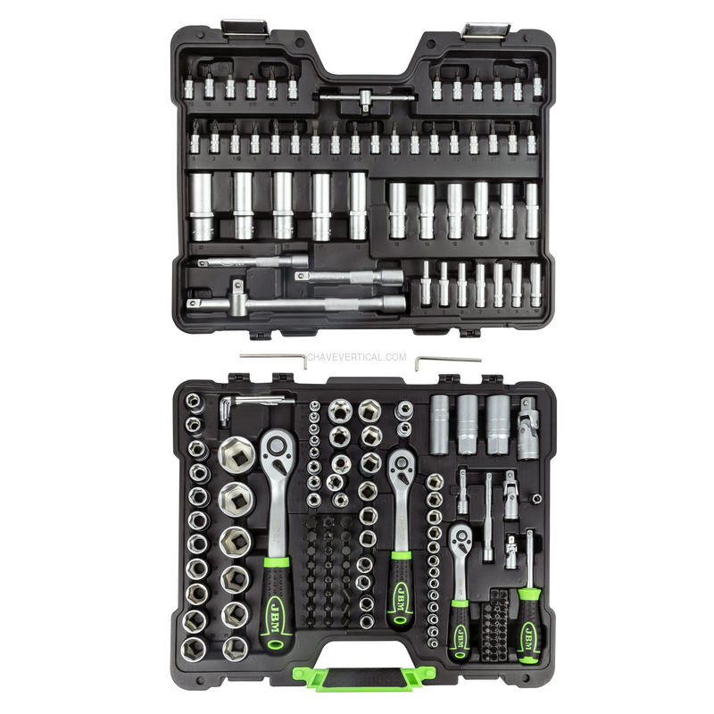 Mala de Ferramentas de 179 Peças com Soquetes Hexagonais de 1/4", 3/8" e 1/2" – Acabamento Zincado JBM