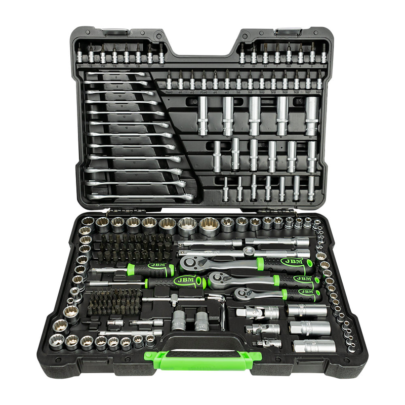 Mala de Ferramentas de 216 Peças com Soquetes de 12 Pontas de 1/4", 3/8" e 1/2" – Acabamento Zincado JBM