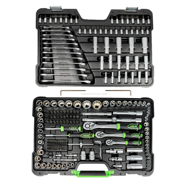 Mala de Ferramentas de 216 Peças com Soquetes de 12 Pontas de 1/4", 3/8" e 1/2" – Acabamento Zincado JBM