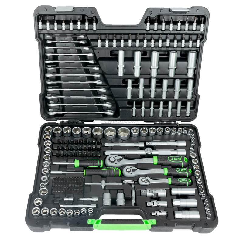 Mala de Ferramentas de 216 Peças com Soquetes Hexagonais de 1/4", 3/8" e 1/2" – Acabamento Zincado JBM