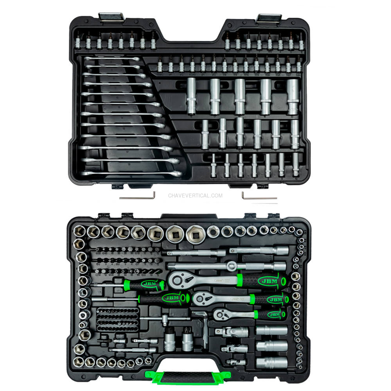 Mala de Ferramentas de 216 Peças com Soquetes Hexagonais de 1/4", 3/8" e 1/2" – Acabamento Zincado JBM