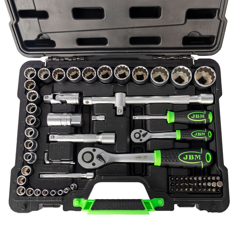 Mala de Ferramentas de 74 Peças com Soquetes de 12 Pontos 1/2" e 1/4" – Acabamento Zincado JBM