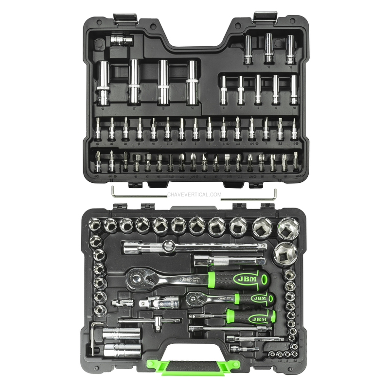 Mala de Ferramentas de 94 Peças com Soquetes Hexagonais de 1/4" e 1/2" – Acabamento Cromado JBM