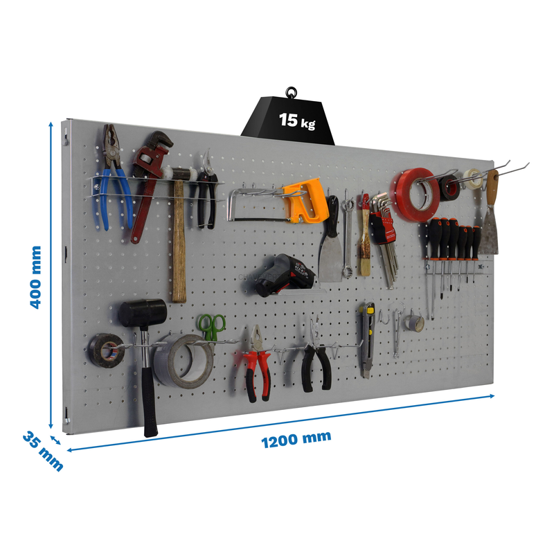 Painel Perfurado para Ferramentas PANELCLICK 1200X400 Cinzento + 22 HOOK + 3 ACCE - 400 x 1200 x 35 mm