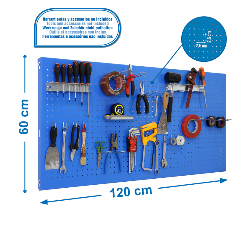 Painel Perfurado para Ferramentas PANELCLICK 1200X600 AZUL + 22 HOOK + 3 ACCE - 600 x 1200 x 35 mm