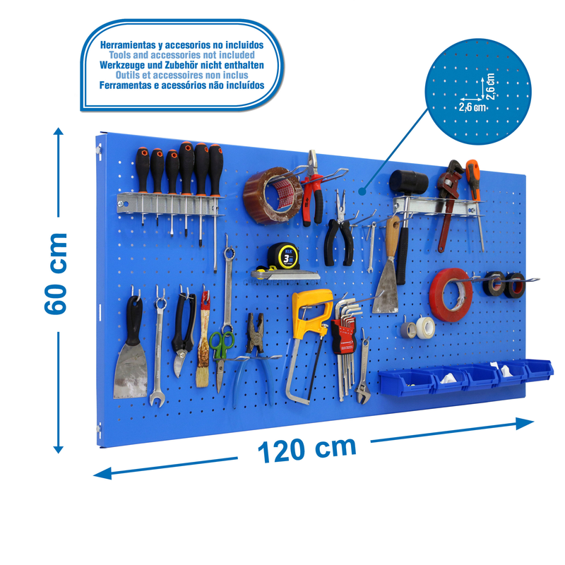 Painel Perfurado para Ferramentas PANELCLICK 1200X600 AZUL + 22 HOOK + 8 ACCE - 600 x 1200 x 35 mm