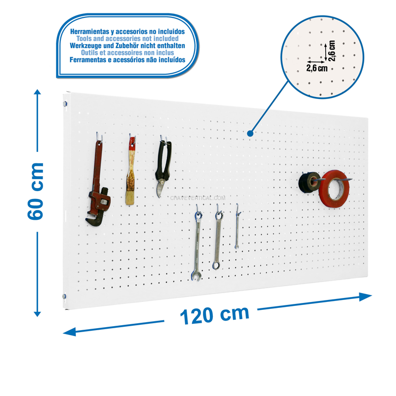 Painel Perfurado para Ferramentas PANELCLICK 1200X600 Branco + 8 HOOK - 600 x 1200 x 35 mm