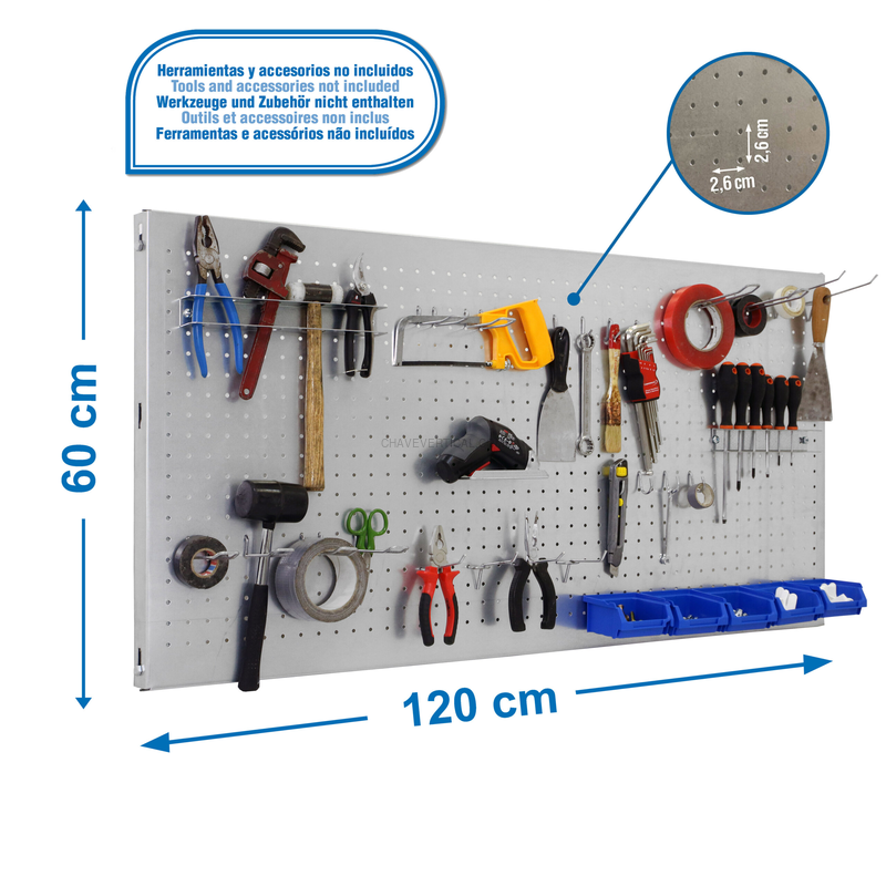 Painel Perfurado para Ferramentas PANELCLICK 1200X600 Galvanizado + 22 HOOK + 8 ACCE - 600 x 1200 x 35 mm