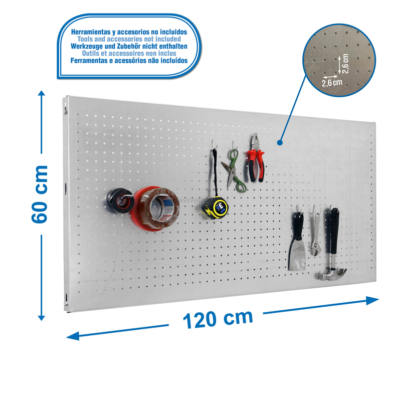 Painel Perfurado para Ferramentas PANELCLICK 1200X600 Galvanizado + 8 HOOK - 600 x 1200 x 35 mm