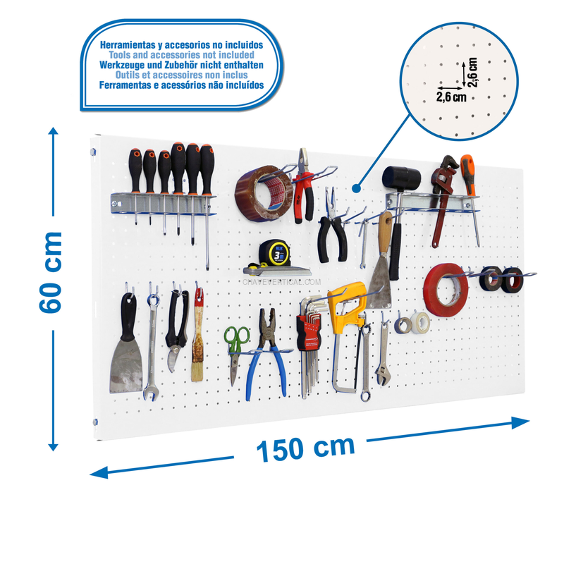 Painel Perfurado para Ferramentas PANELCLICK 1500X600 Branco + 22 HOOK + 3 ACCE - 600 x 1500 x 35 mm