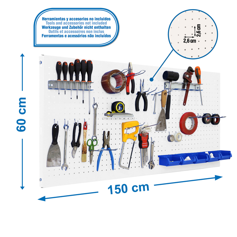 Painel Perfurado para Ferramentas PANELCLICK 1500X600 Branco + 22 HOOK + 8 ACCE - 600 x 1500 x 35 mm