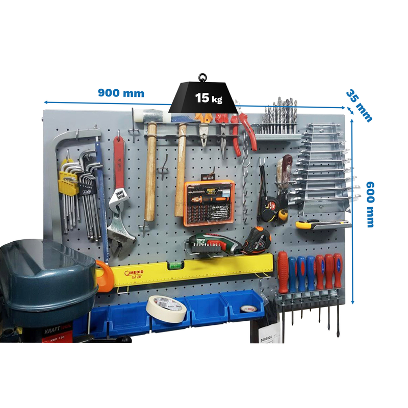 Painel Perfurado para Ferramentas PANELCLICK 900X600 Cinzento + 22 HOOK + 3 ACCE - 600 x 900 x 35 mm
