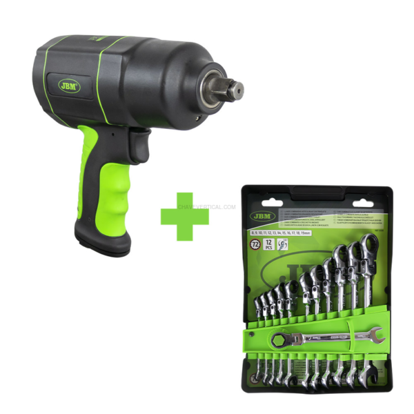 Serie375: X10 Conjunto de 12 Chaves Articuladas 51318 + X10 Pistola Impacto 1/2" 1200Nm 53608 JBM
